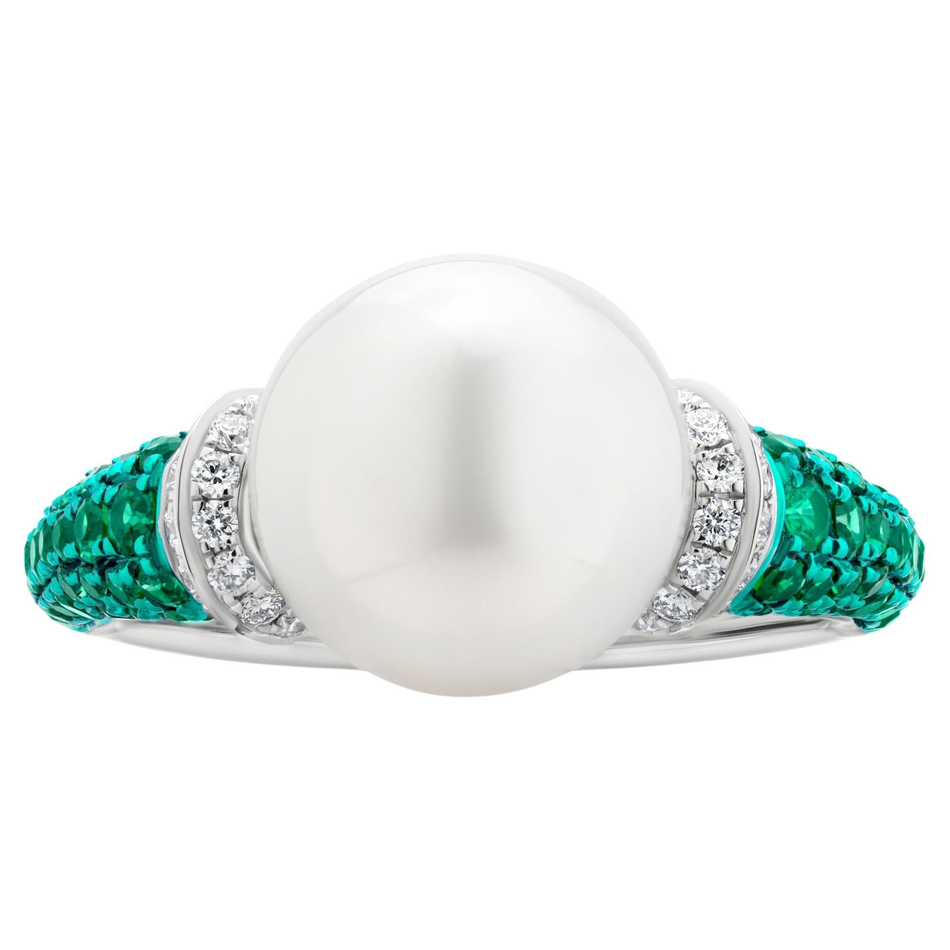 Luxle South Sea Pearl, Emerald and Diamond Engagement Ring in 18k White Gold For Sale