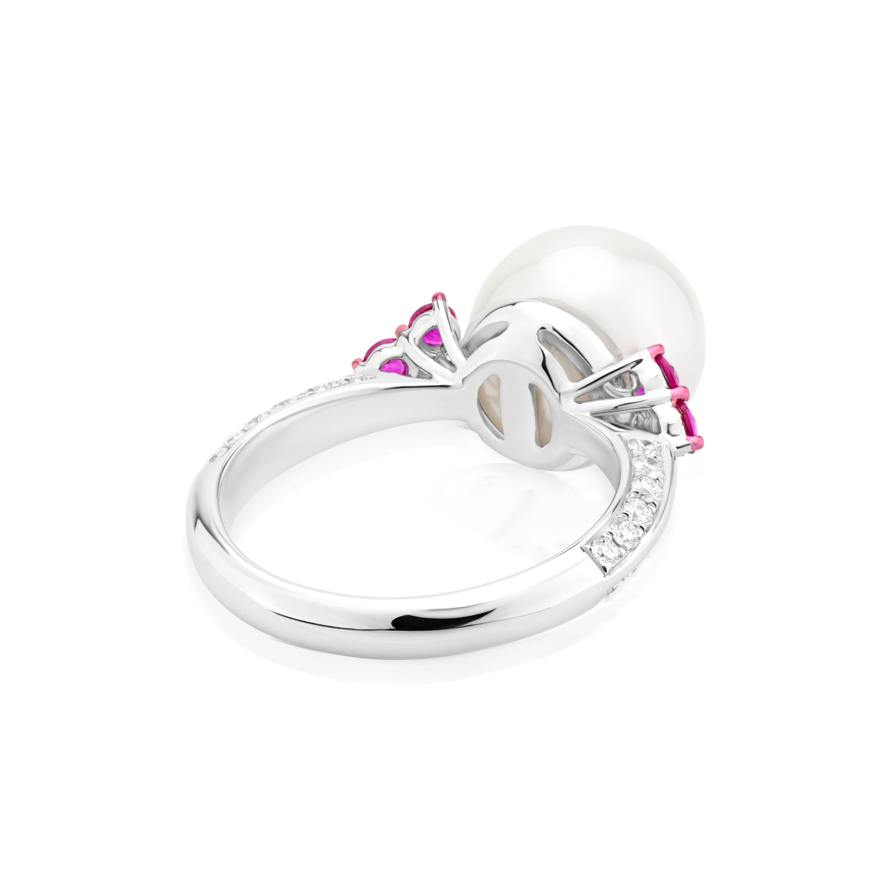 Contemporary Luxle South Sea Pearl, Ruby and Diamond Engagement Ring in 18k White Gold For Sale