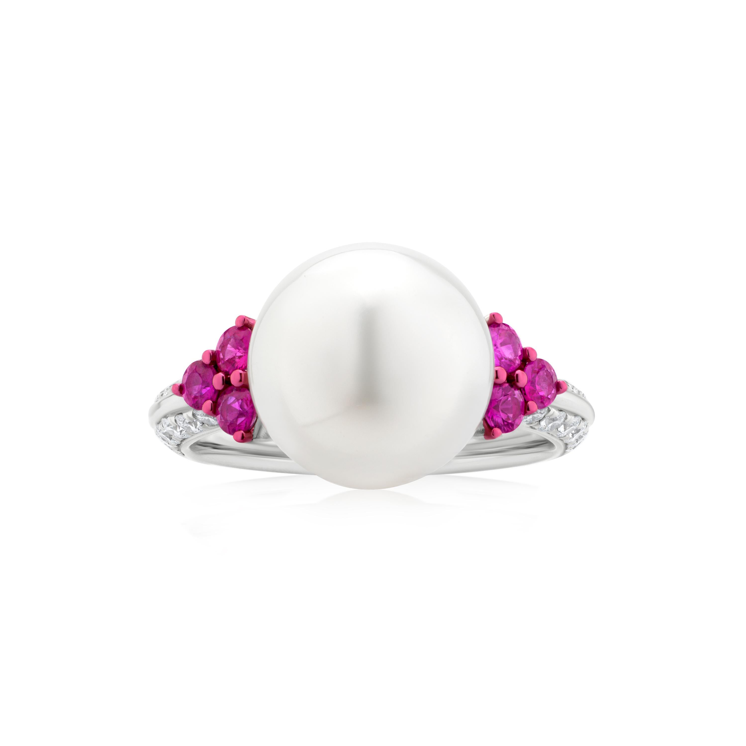 Brilliant Cut Luxle South Sea Pearl, Ruby and Diamond Engagement Ring in 18k White Gold For Sale