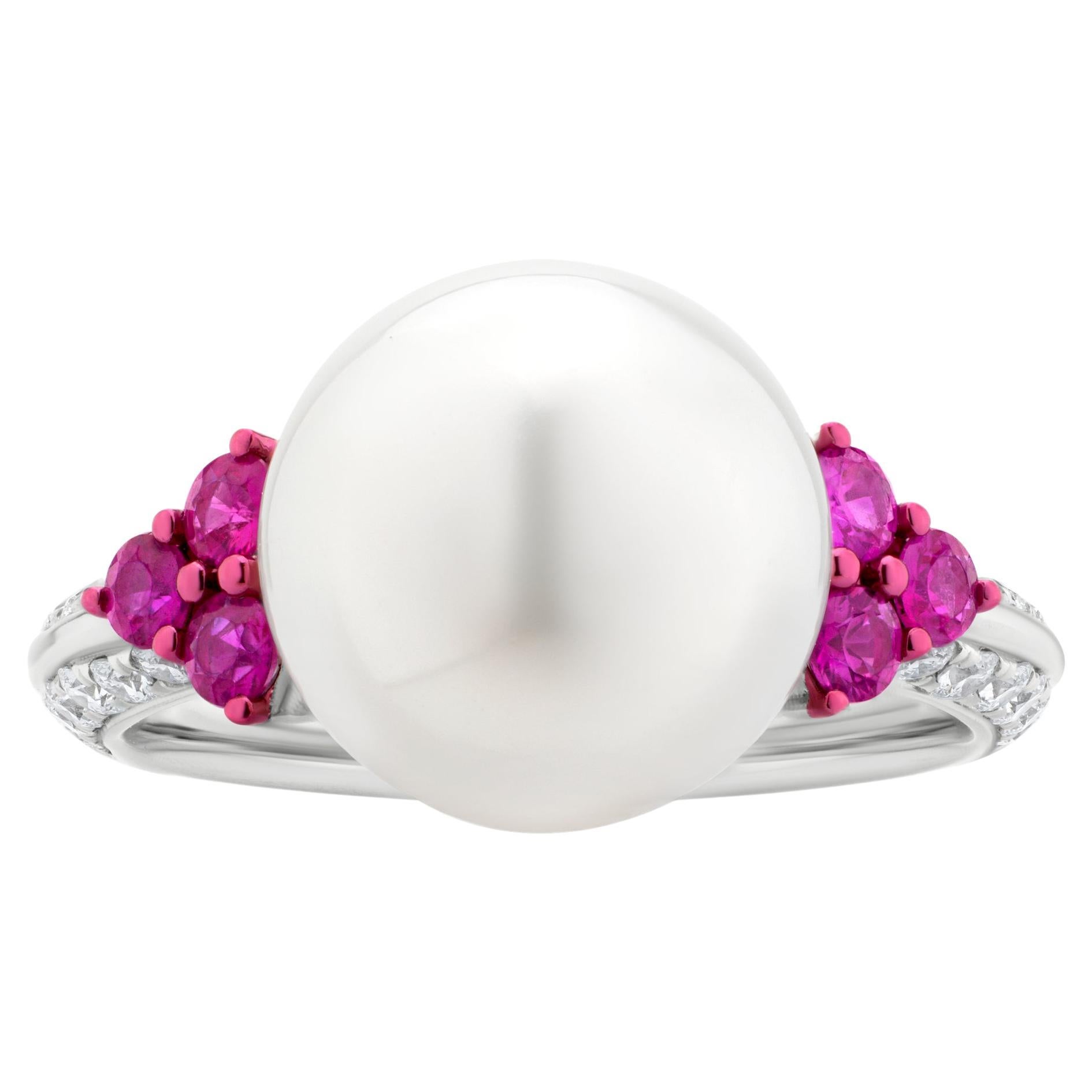 Luxle South Sea Pearl, Ruby and Diamond Engagement Ring in 18k White Gold For Sale