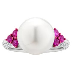Luxle South Sea Pearl, Ruby and Diamond Engagement Ring in 18k White Gold