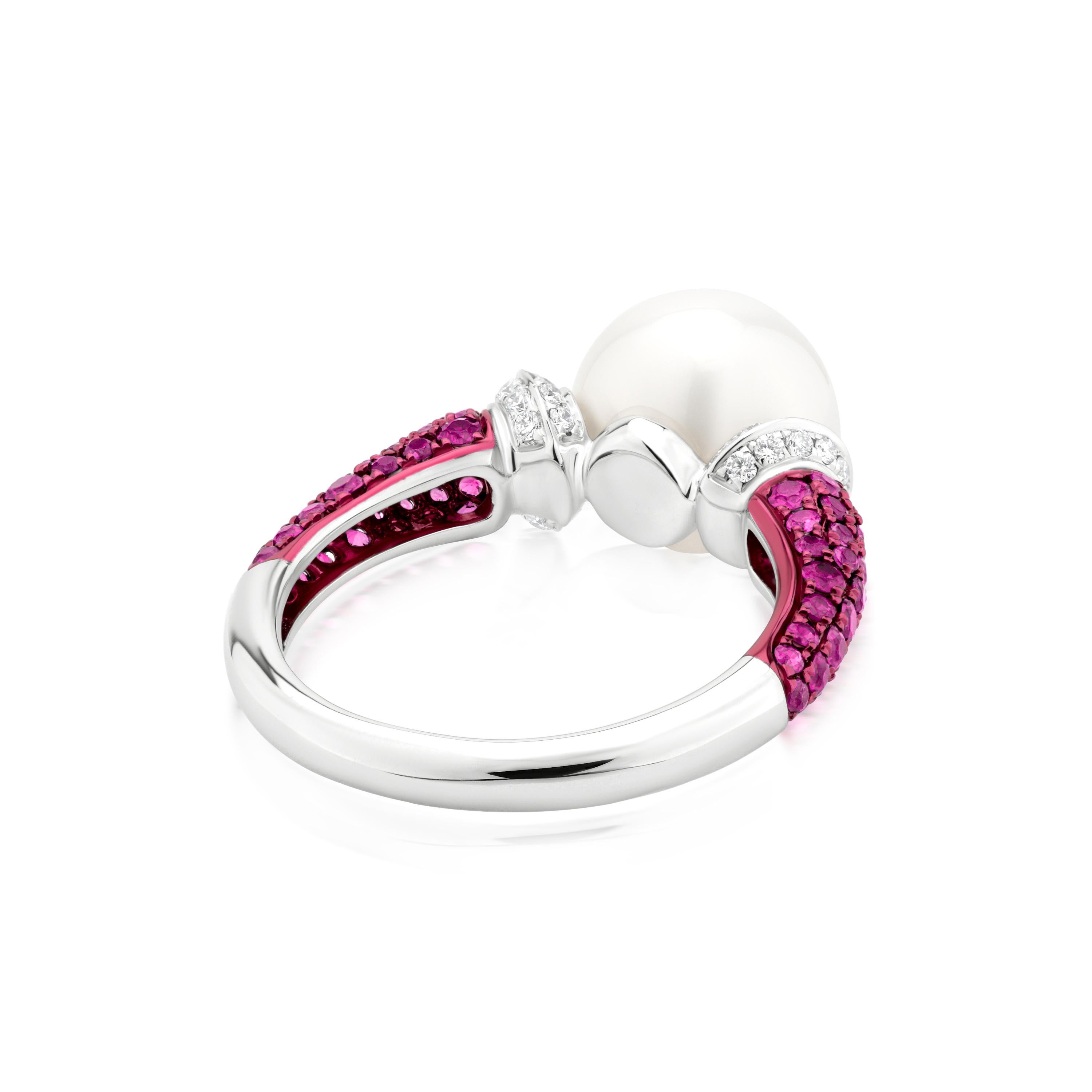 Contemporary Luxle South Sea Pearl, Ruby and Diamond Engagement Ring in 18k White Gold