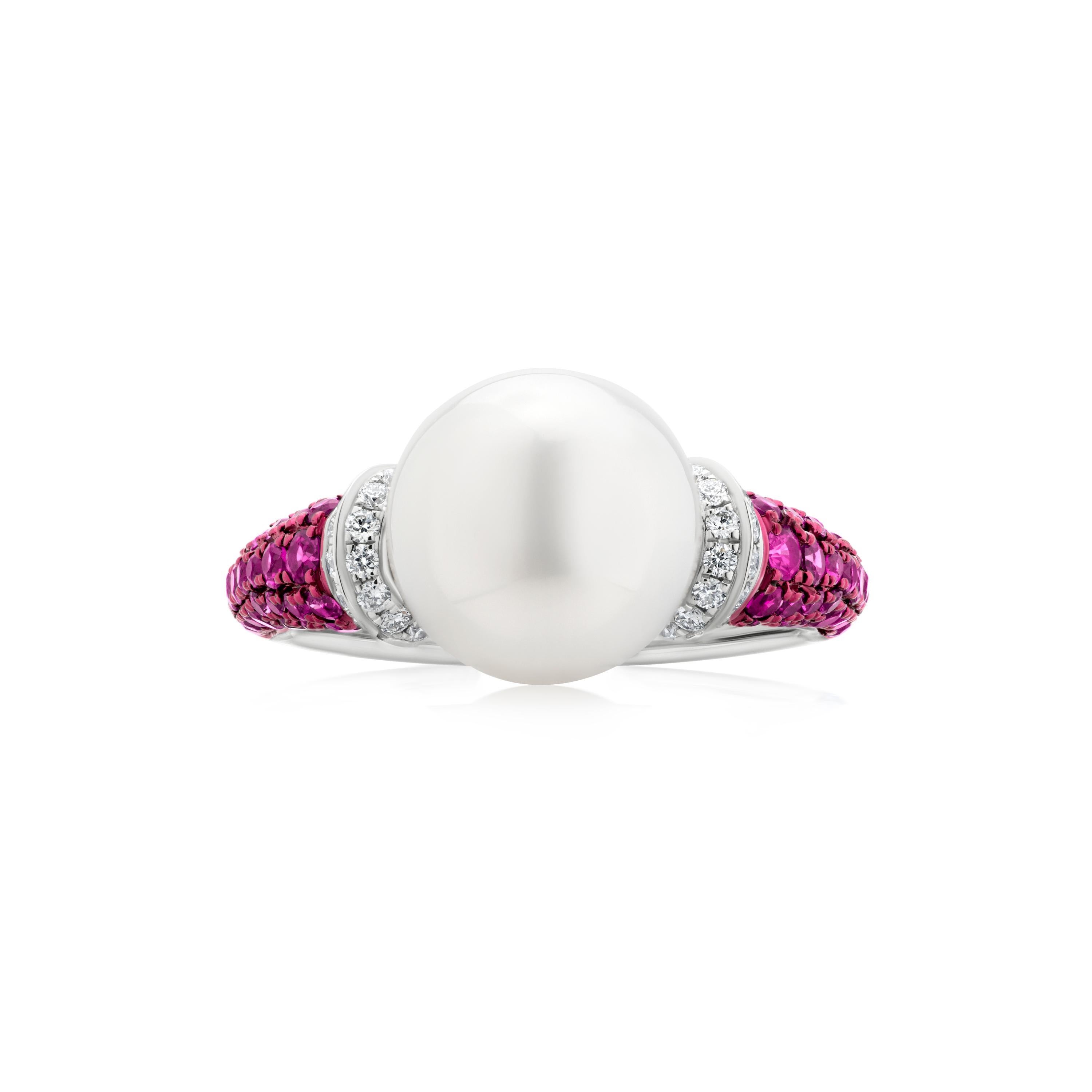 Brilliant Cut Luxle South Sea Pearl, Ruby and Diamond Engagement Ring in 18k White Gold