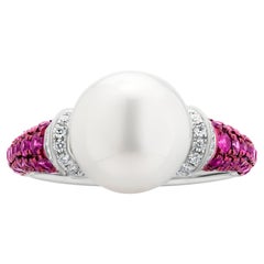 Luxle South Sea Pearl, Ruby and Diamond Engagement Ring in 18k White Gold