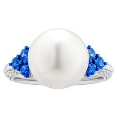Luxle South Sea Pearl, Sapphire and Diamond Engagement Ring in 18k White Gold