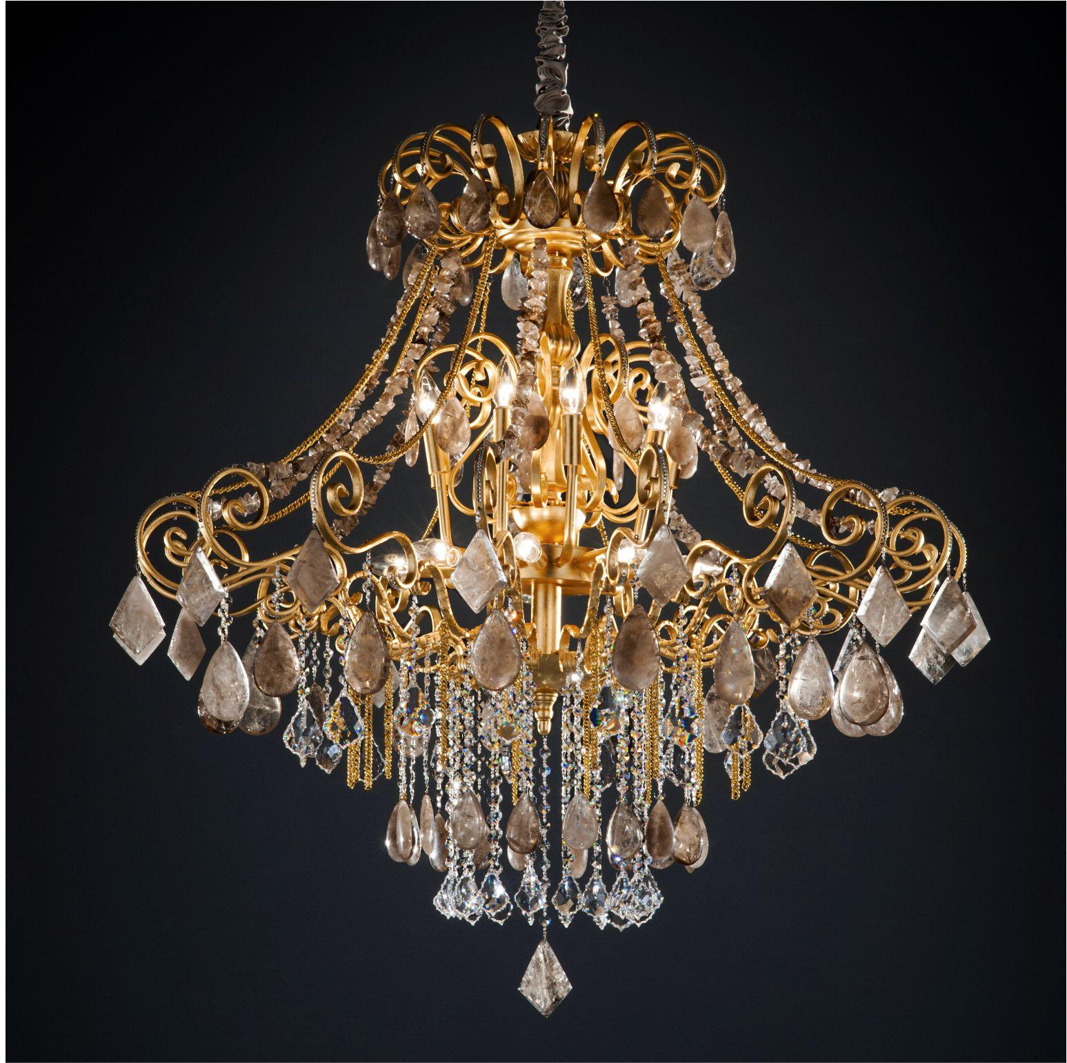 Quartz chandelier lamp by Aver
Dimensions: diameter 110 x H 115 cm. 
Materials: aluminum with gold leaf. Natural quartz crystals 
lighting: 18 x E 14.
Available in finishes: silver veneer, aged silver veneer, gold veneer, aged gold veneer, copper