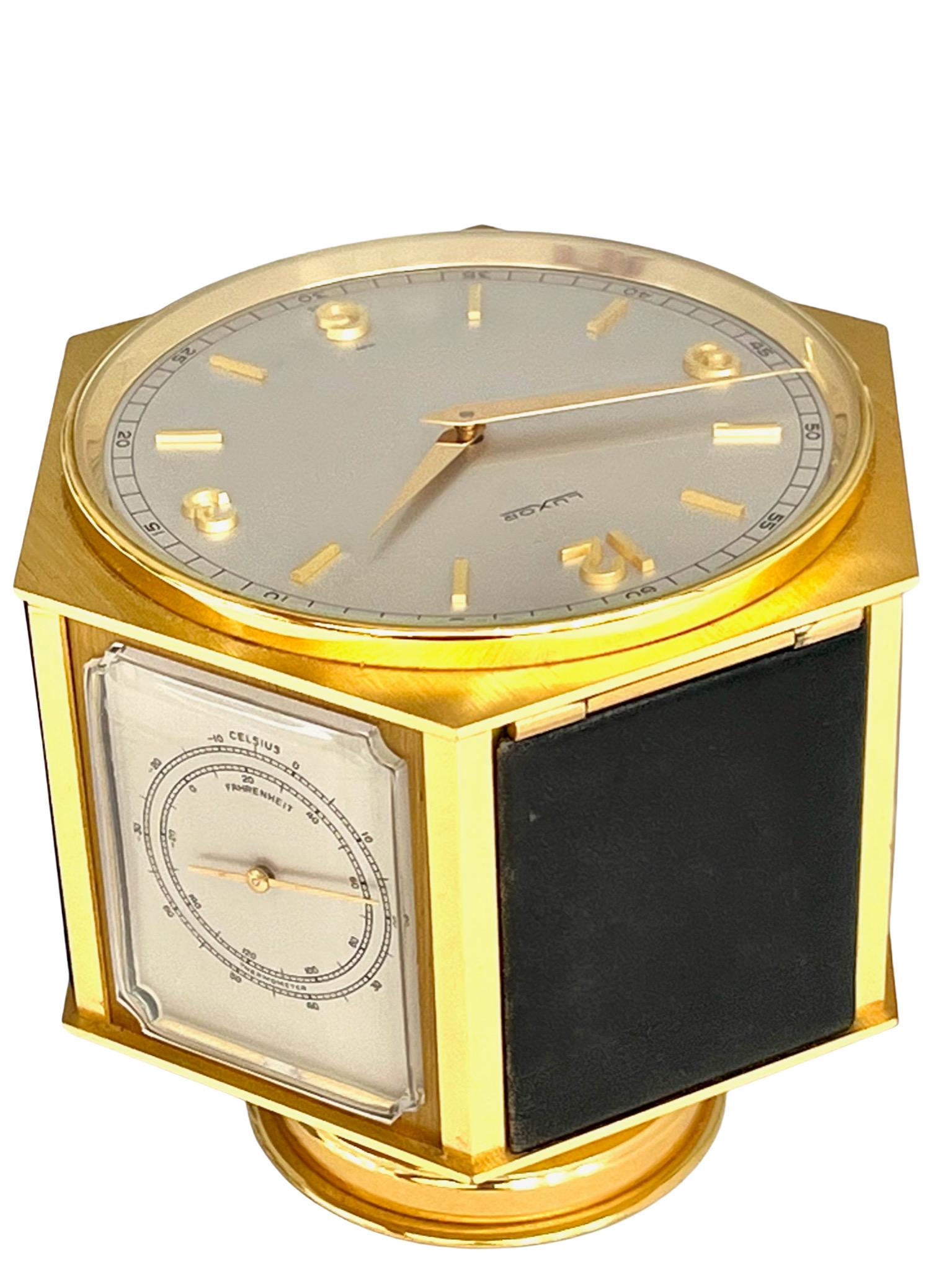 Laiton Horloge de bureau et compendium météorologique Luxor Mid Century Gilt en vente