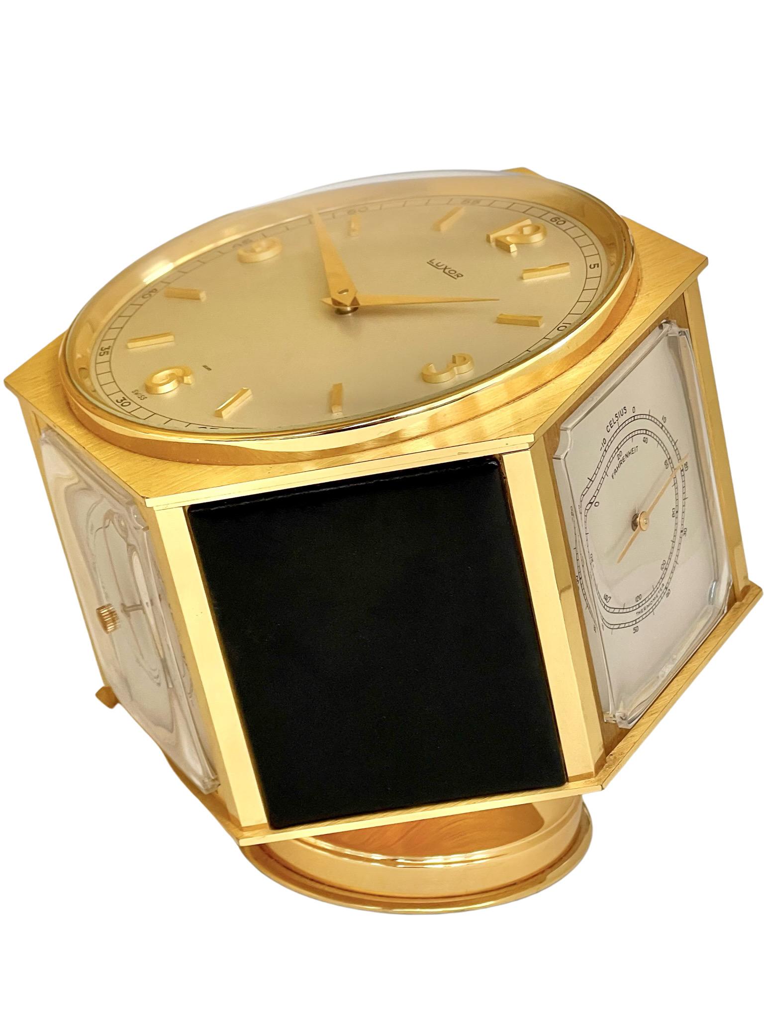 Doré Horloge de bureau et compendium météorologique Luxor Mid Century Gilt en vente