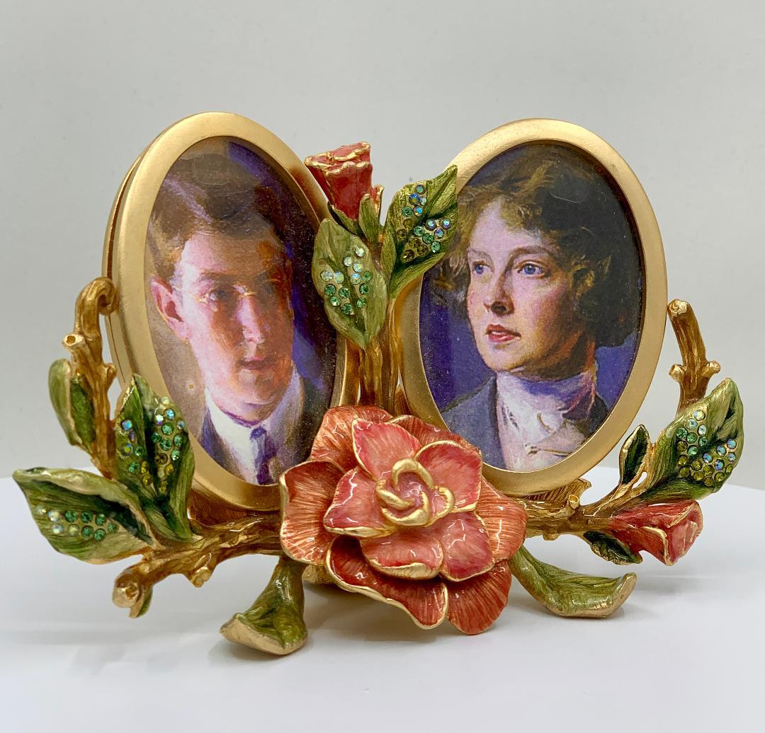 Hand-Painted Luxuriant Jay Strongwater Double Oval Picture Frame with Enamel Jeweled Flowers