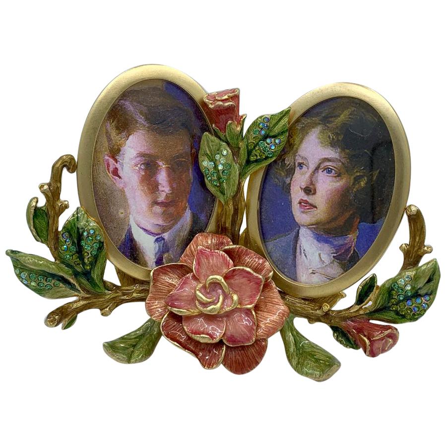 Luxuriant Jay Strongwater Double Oval Picture Frame with Enamel Jeweled Flowers