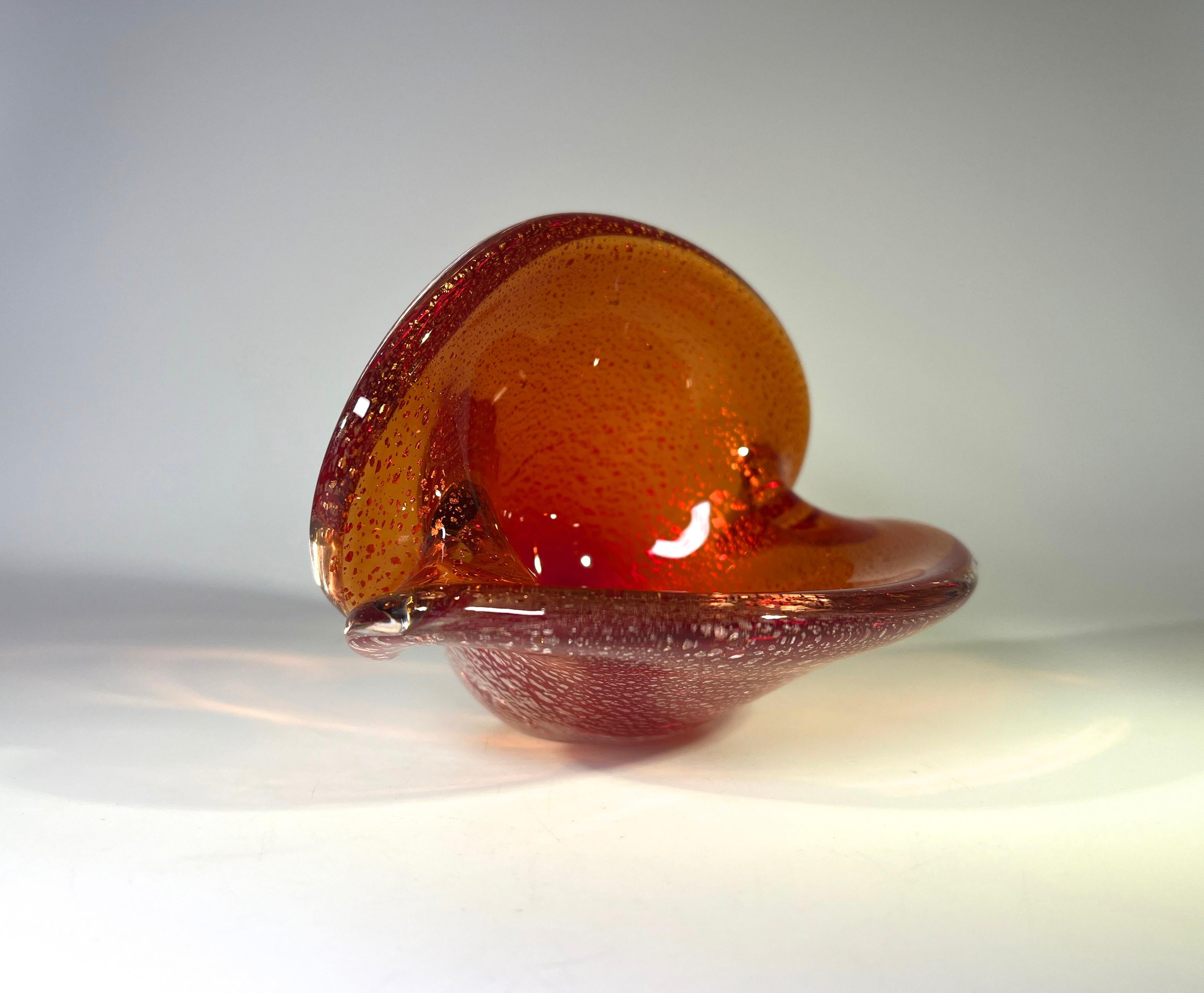 Italian Luxuriant Liquid Amber And Silver Shards, Murano Glass Clam Shell Vase For Sale