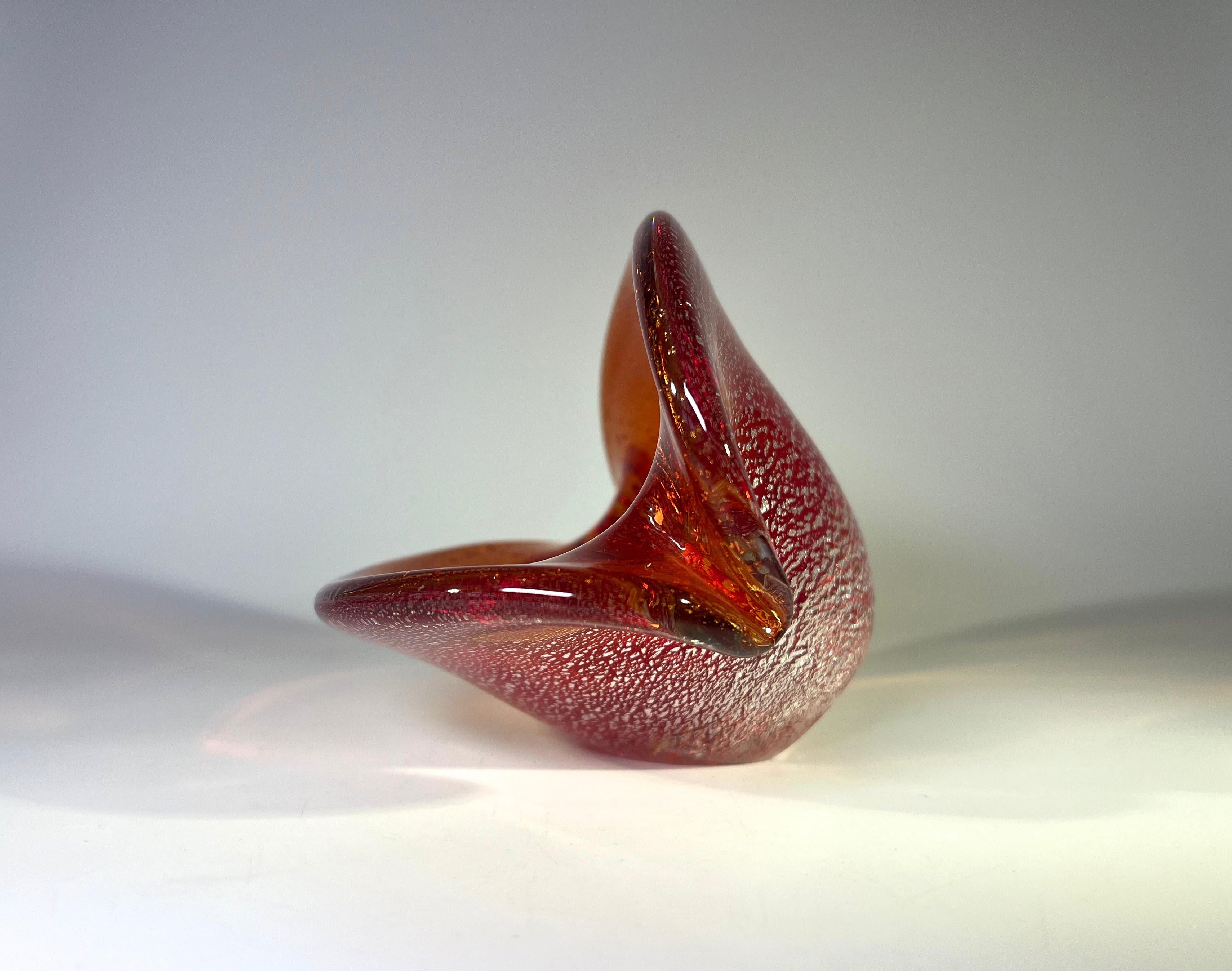Hand-Crafted Luxuriant Liquid Amber And Silver Shards, Murano Glass Clam Shell Vase For Sale
