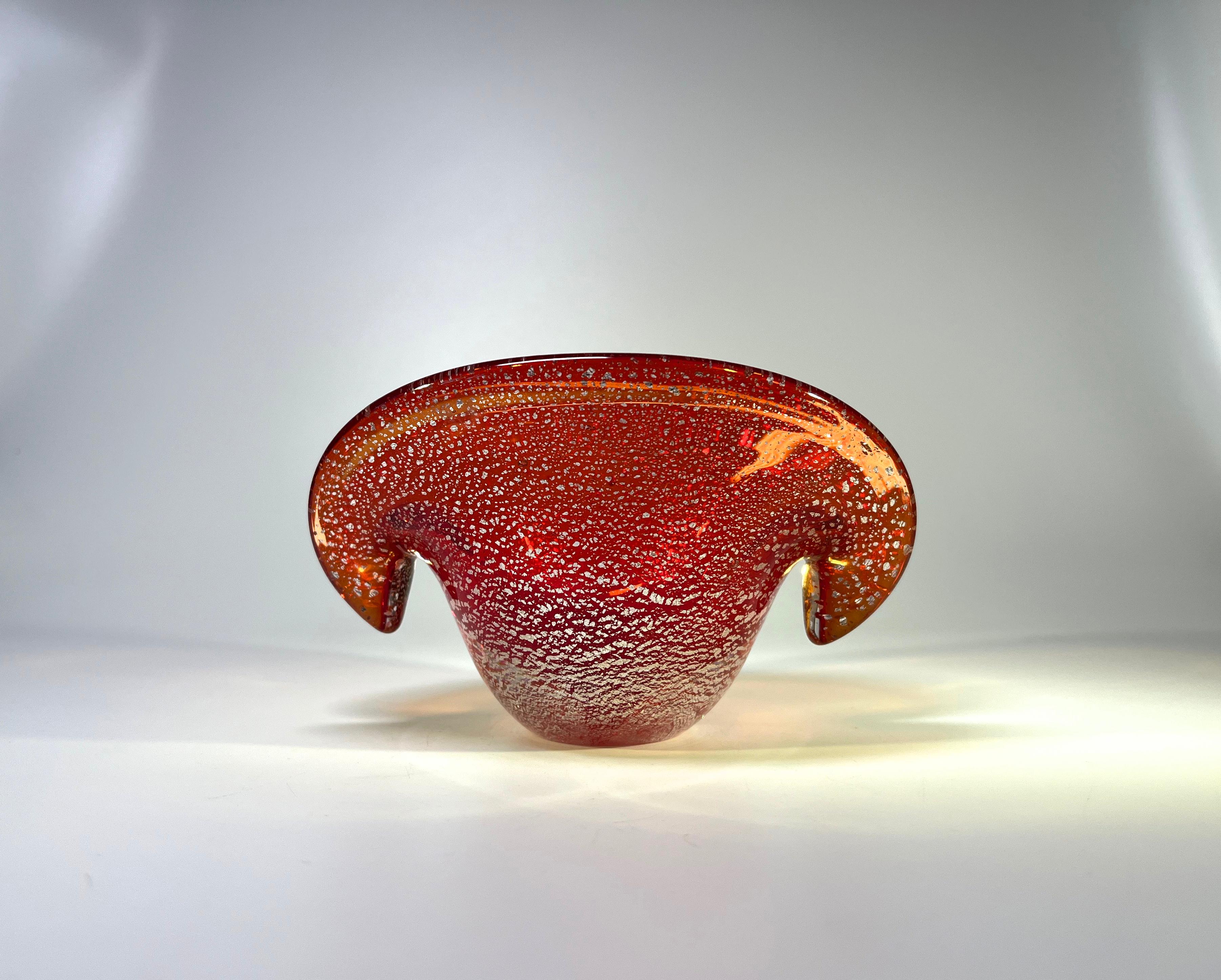 20th Century Luxuriant Liquid Amber And Silver Shards, Murano Glass Clam Shell Vase For Sale