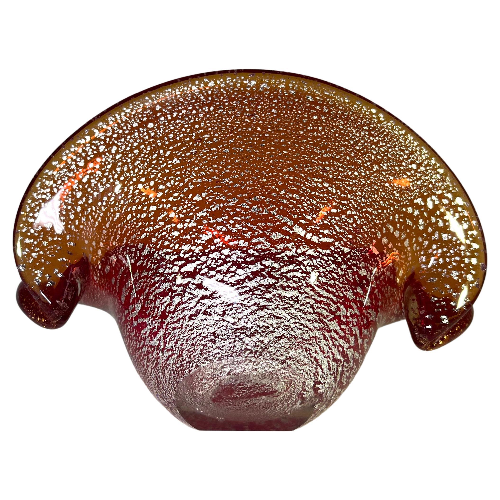 Luxuriant Liquid Amber And Silver Shards, Murano Glass Clam Shell Vase For Sale