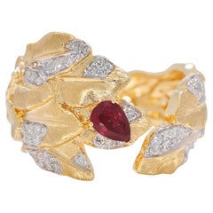 Lussuoso anello con motivo a foglia di rubino e diamante naturale da 0,45 carati in oro giallo 18 carati