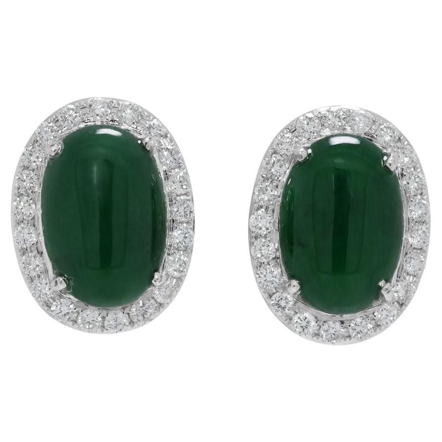 Luxurious 0.63ct Natural Diamond & Jade Halo 18K White Gold Stud Earrings