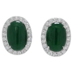 Luxurious 0.63ct Natural Diamond & Jade Halo 18K White Gold Stud Earrings