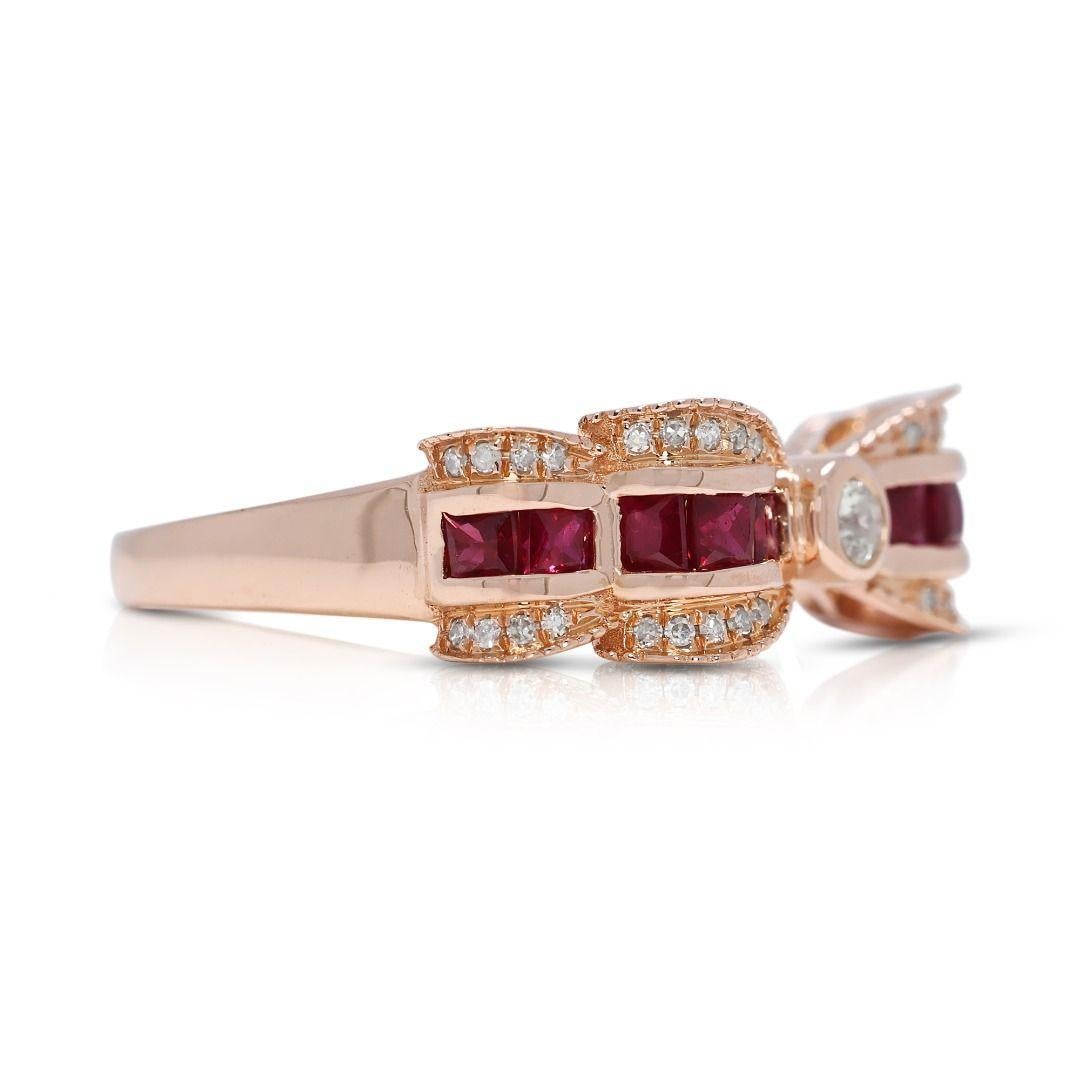 Taille ronde Luxueuse bague rubis 0,73 carat et rubis naturels ruban en or rose 18 carats en vente