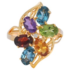 Luxurious 0.82ct Multi-Gemstone and Natural Diamond Ring in 18K Yellow Gold