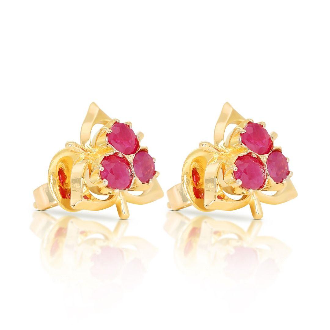 Round Cut Luxurious 1.00ct Ruby Earrings in 14k Yellow Gold For Sale