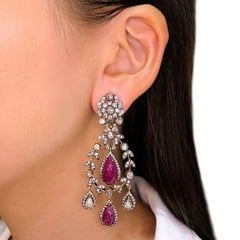Luxurious 11.62ct Ruby and Diamond Chandelier Earrings in 18k Two-Toned Gold