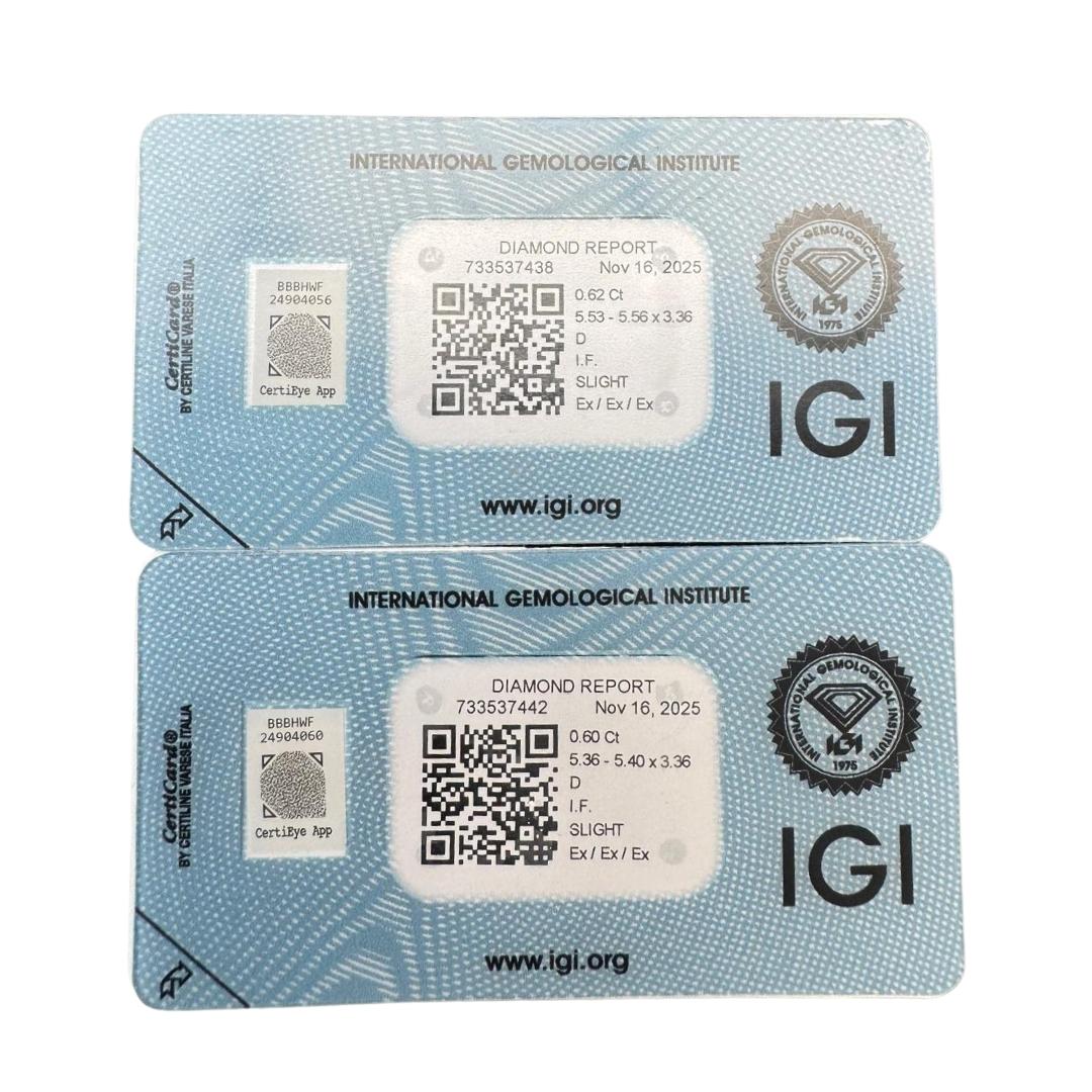 Luxueuse paire de diamants ronds de 1,22ct Naturels - Certifiés IGI en vente 3