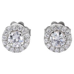 Clous d'oreilles luxueuses en or blanc 18 carats avec diamants ronds de 1,24 carat, certifiés GIA