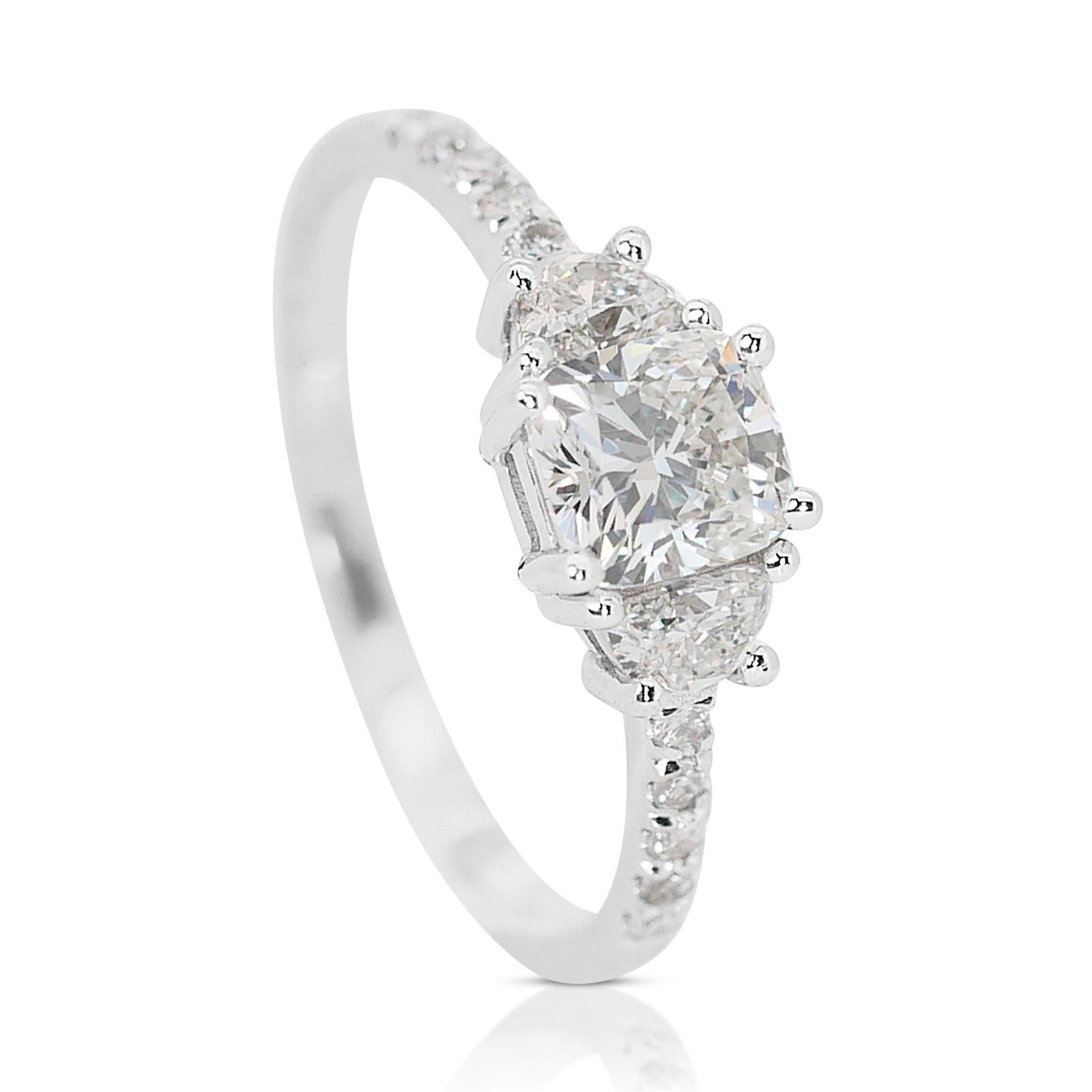 Luxurious 1.42ct Cushion Diamond Pave Ring in 18k White Gold - GIA Certified

This exquisitely designed diamond ring in 18k white gold features a magnificent 1.02-carat cushion-cut main diamond. The centerpiece is flanked by 2 unique
