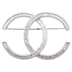 Luxurious 14k White Gold Double CC Diamond Brooch