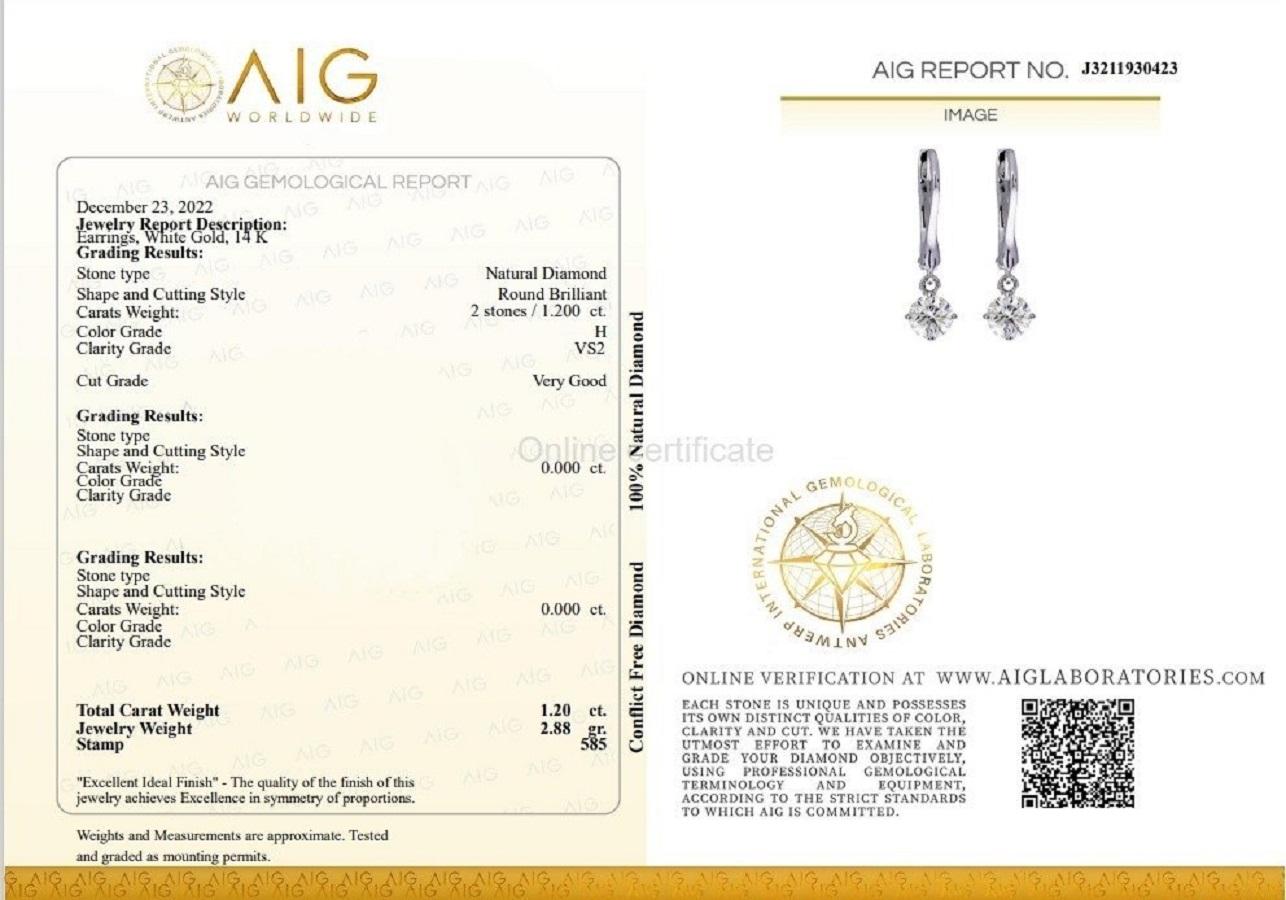 Round Cut Luxurious 14k White Gold Drop Earrings with 1.20 Natural Diamonds AIG Cert For Sale