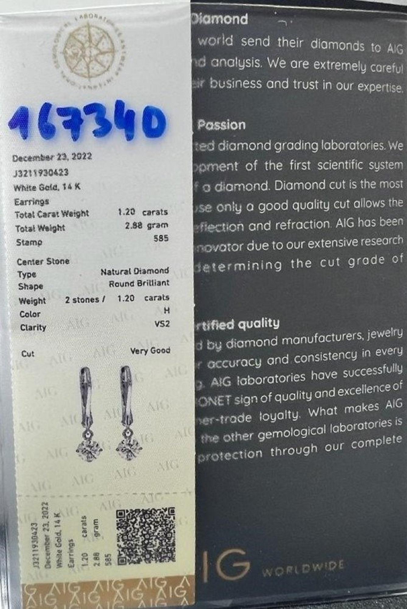 Luxurious 14k White Gold Drop Earrings with 1.20 Natural Diamonds AIG Cert In New Condition For Sale In רמת גן, IL