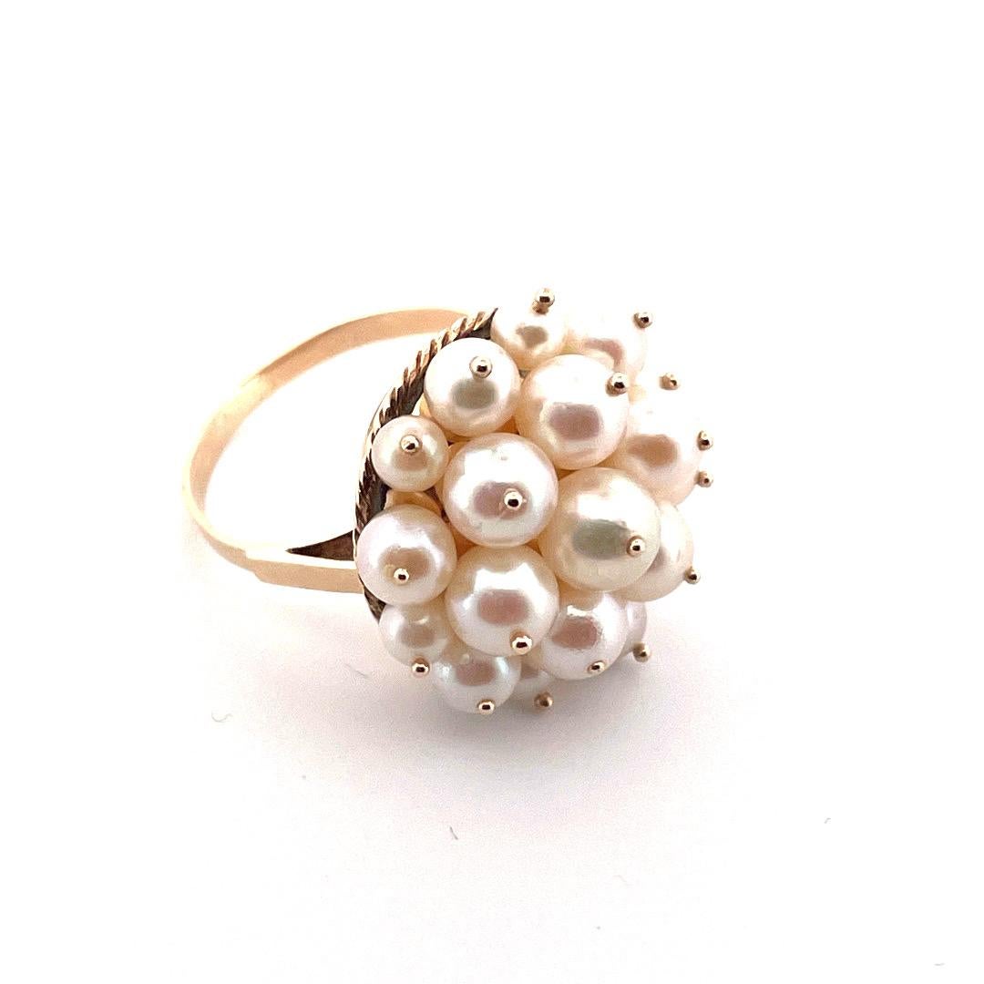 Modern Luxurious 14k Yellow Gold Cultured Pearl Cluster Cocktail Ring For Sale