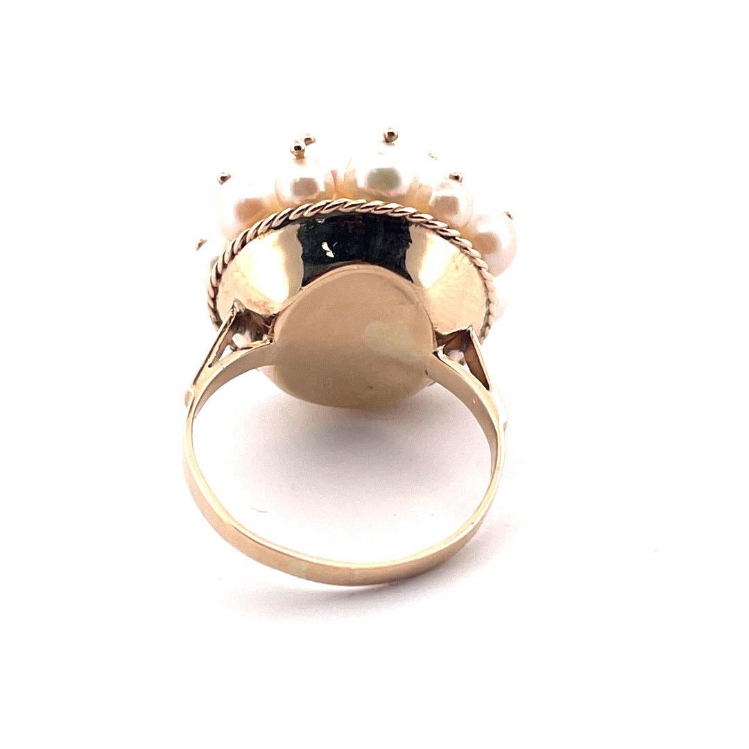 Luxurious 14k Yellow Gold Cultured Pearl Cluster Cocktail Ring For Sale 1