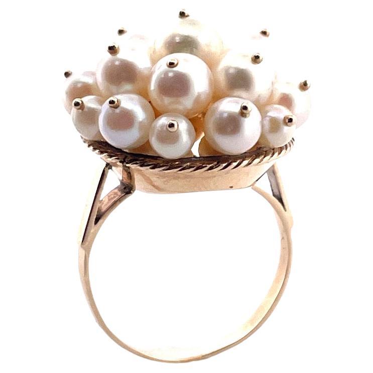 Luxurious 14k Yellow Gold Cultured Pearl Cluster Cocktail Ring
