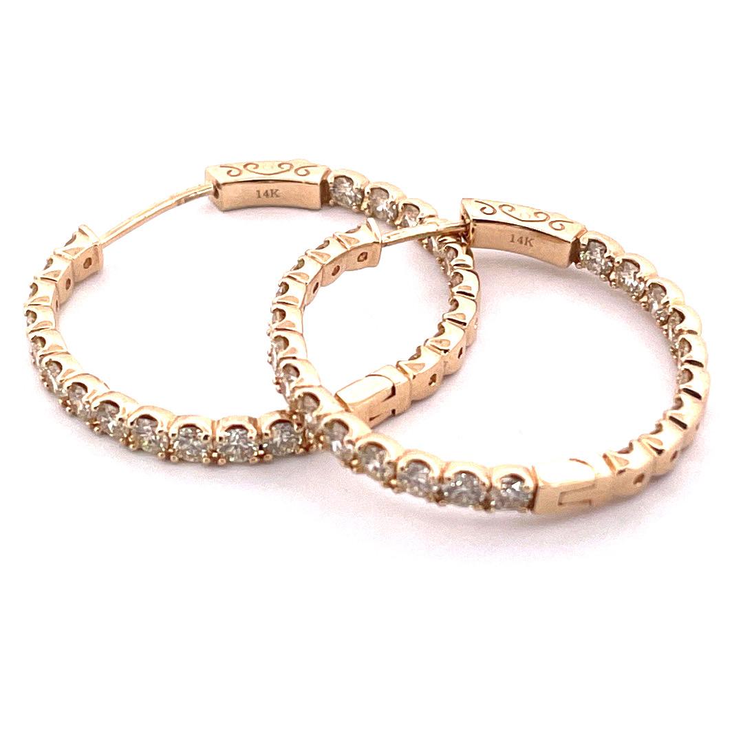 Round Cut Luxurious 14k Yellow Gold Hoop Diamond Earrings For Sale
