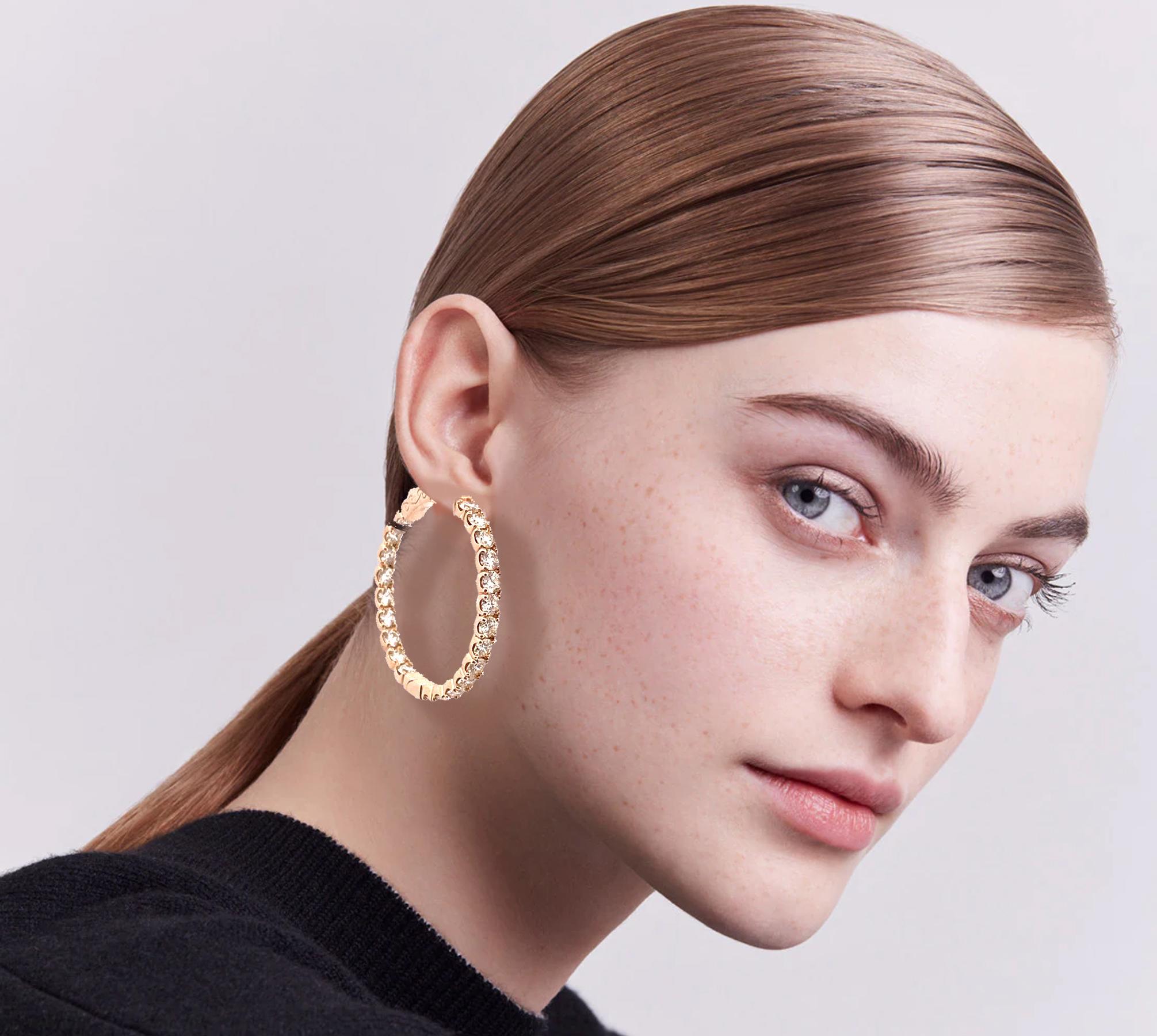 Women's Luxurious 14k Yellow Gold Hoop Diamond Earrings For Sale