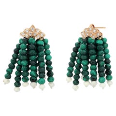 Luxurious 14K Yellow Gold Malachite Bead Drop Earrings with Pave Diamonds