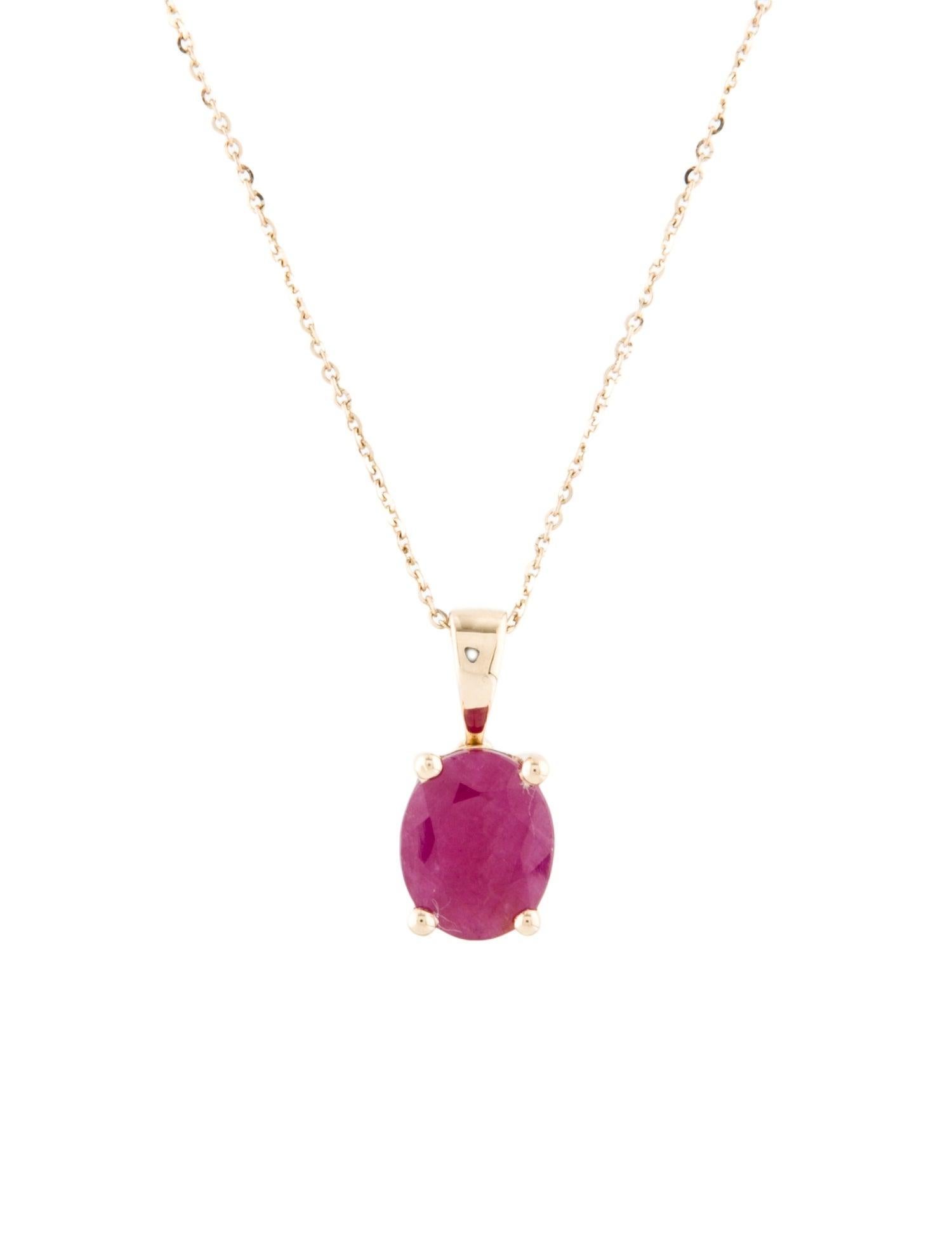Introducing our exquisite 14K Yellow Gold Ruby Pendant Necklace, a masterpiece of fine jewelry that exudes timeless elegance. This stunning piece features a 2.87 carat mixed cut, oval ruby with a captivating red hue and very slight brownish