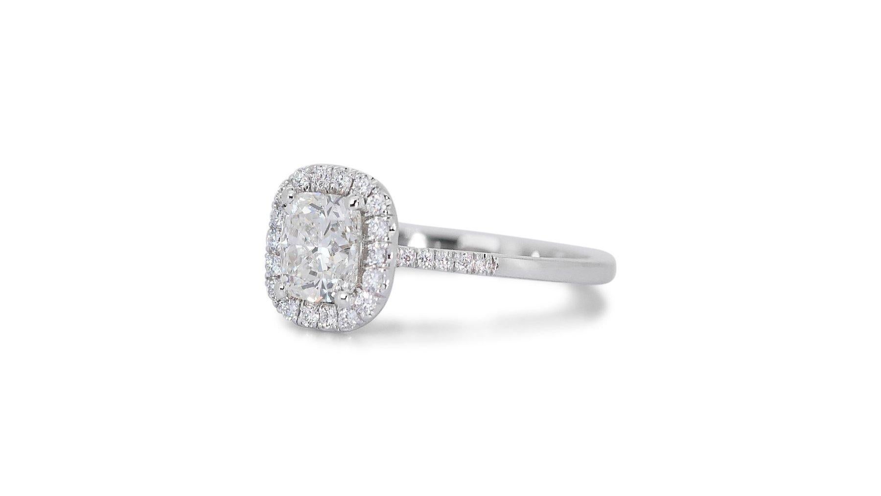 Cushion Cut Luxurious 1.71ct Diamond Halo Ring in 18k White Gold - GIA Certified For Sale