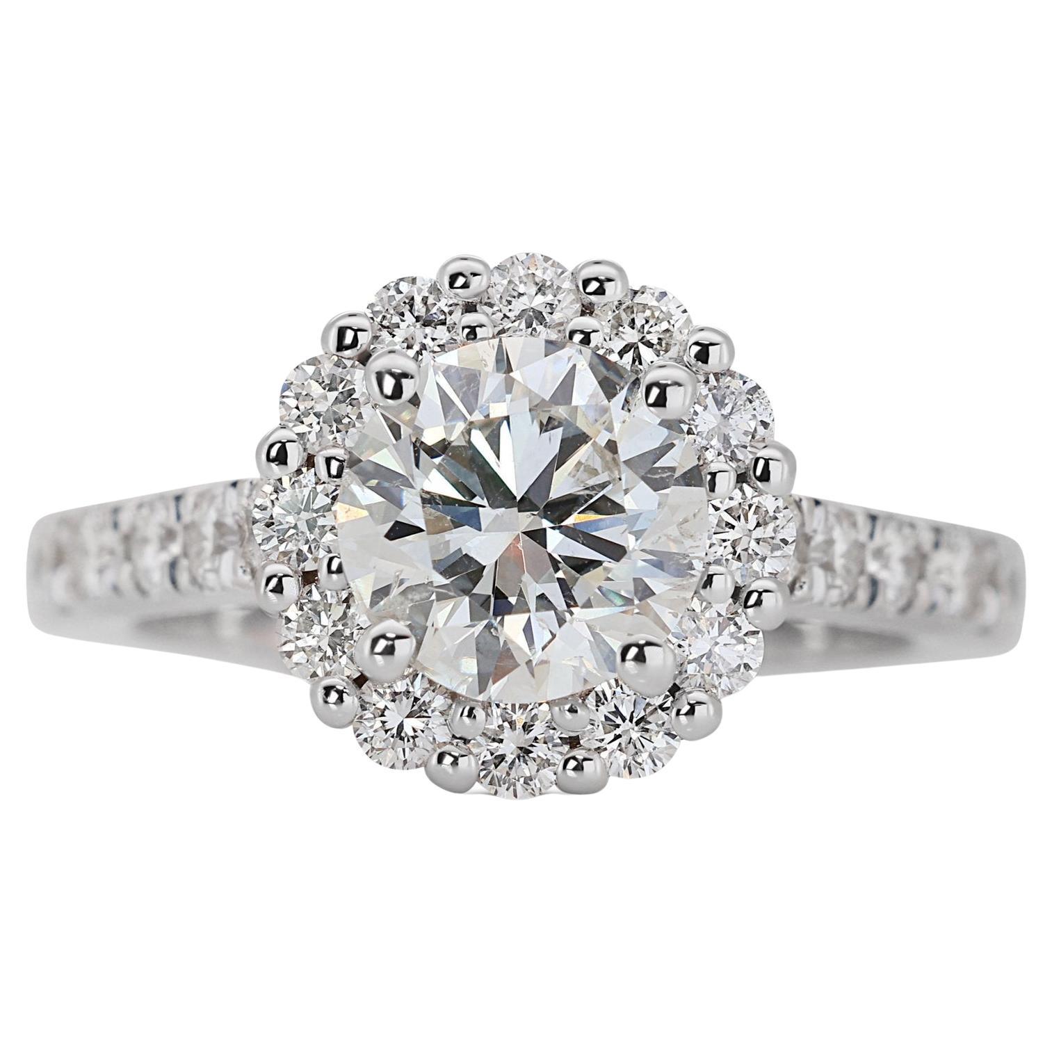 Luxurious 1.72ct Diamond Halo Ring in 18k White Gold - GIA Certified For Sale