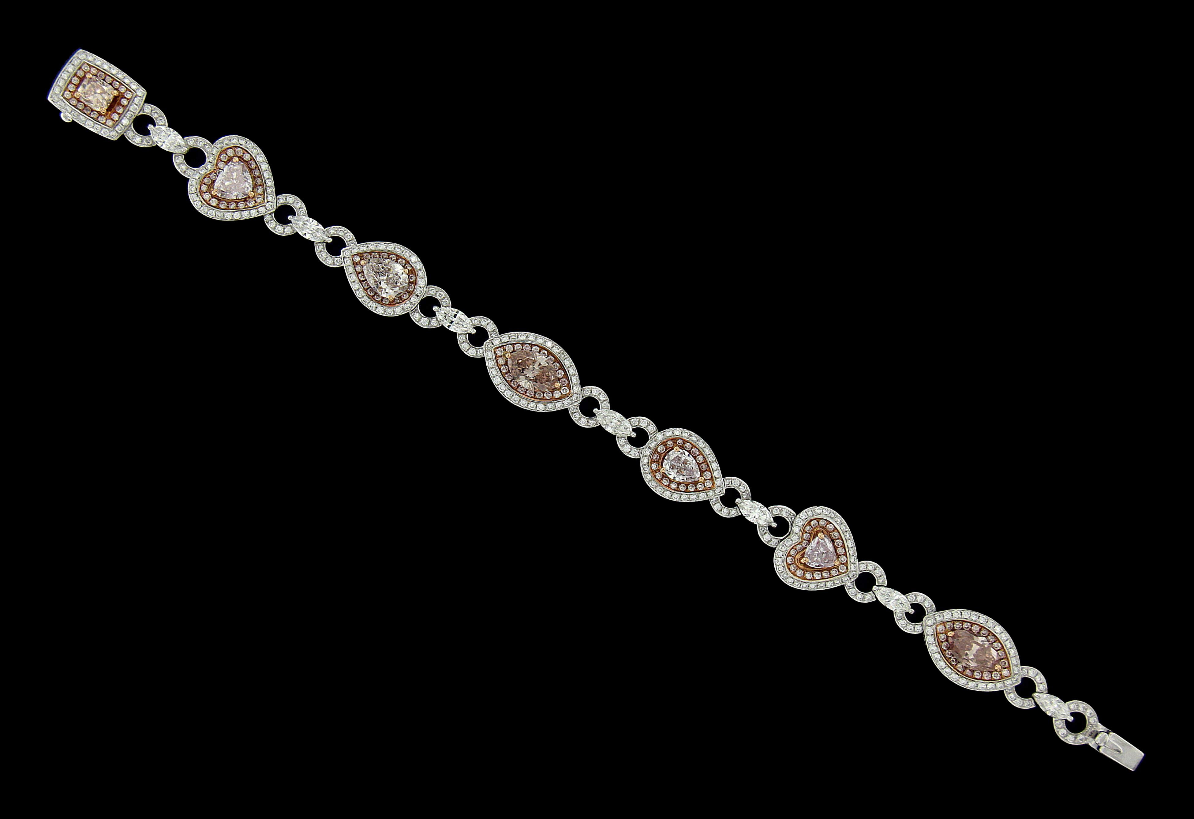 Marquise Cut Luxurious 18 Karat White and Pink Gold, Platinum and Pink Diamond Bracelet For Sale