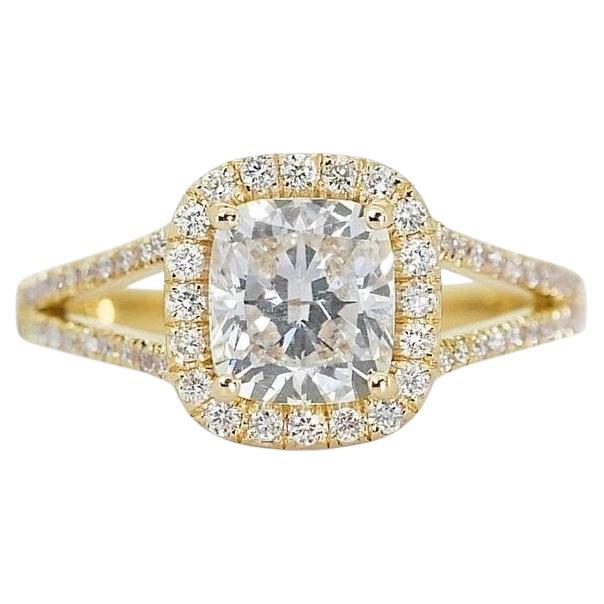 Bague luxueuse en or jaune 18 carats avec halo de diamants de 1,80 ct - certifiée GIA