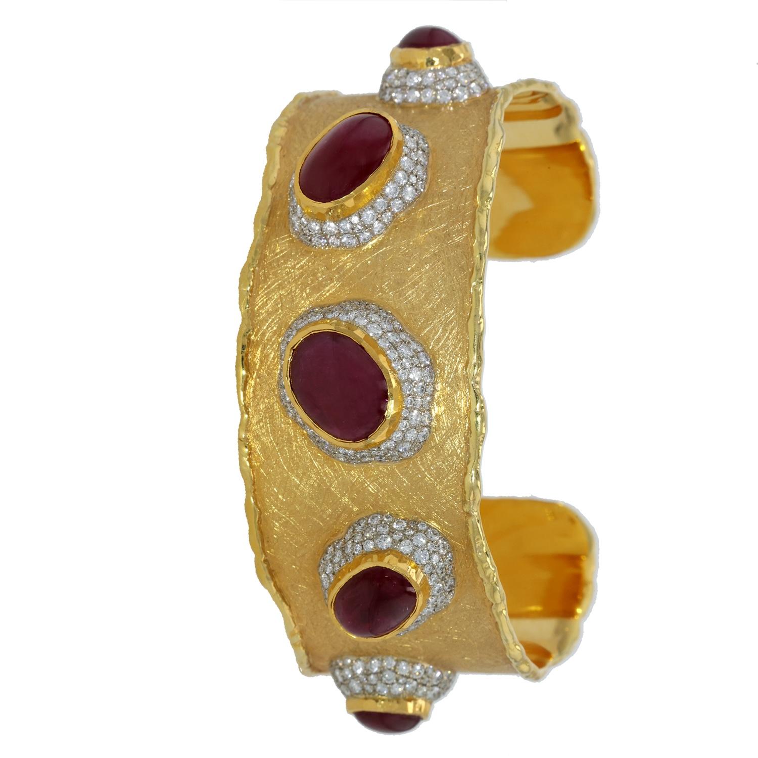Cabochon Luxurious 18K & 24K Gold Cuff with Greenland Rubies & Diamonds by Victor Velyan For Sale
