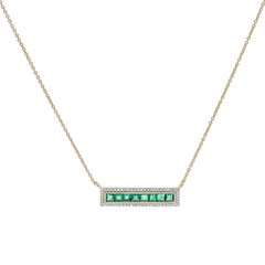 Luxueux collier en or jaune massif 18 carats avec barre de diamants et émeraudes naturelles