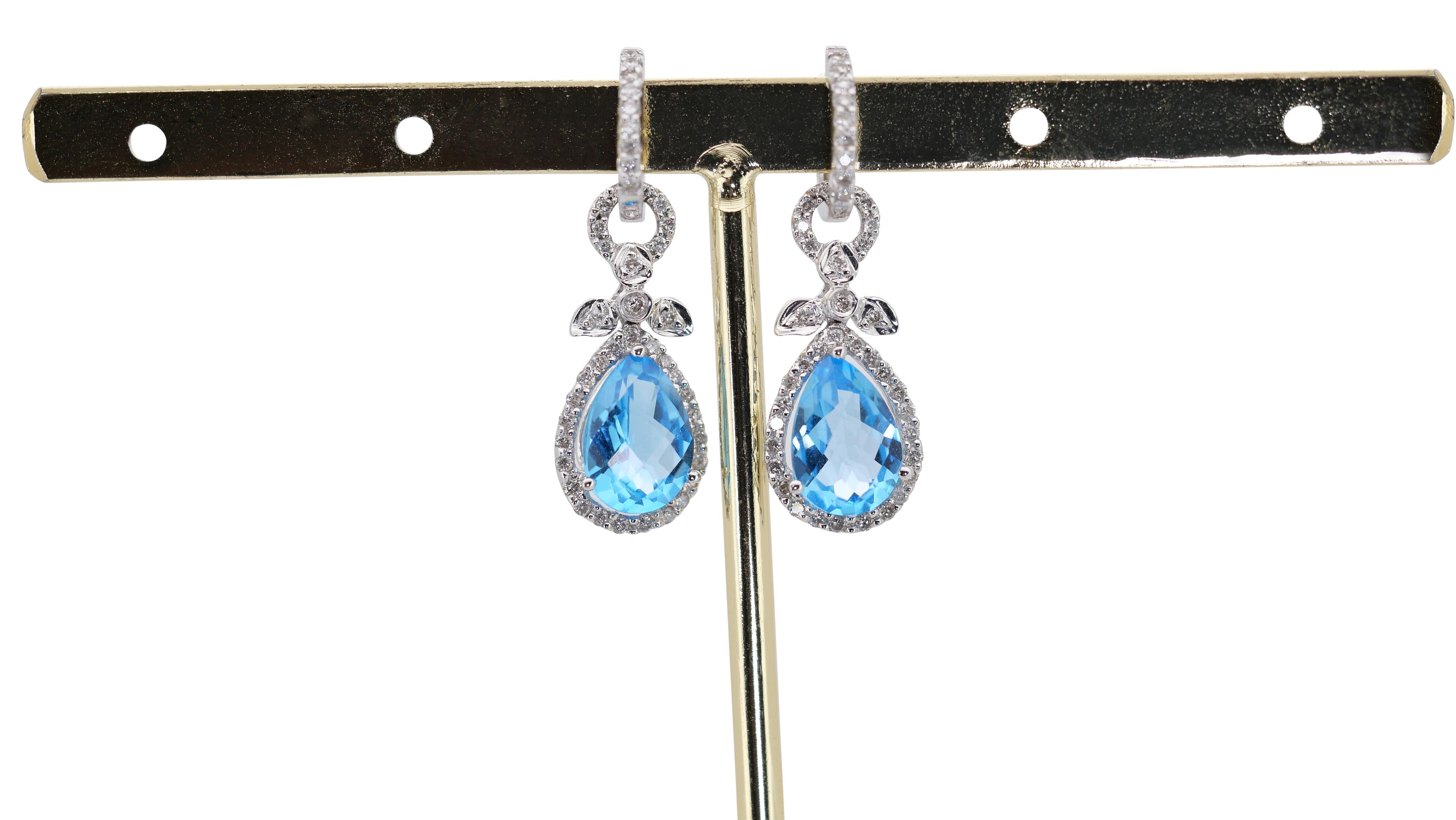 Pear Cut Luxurious 18k White Gold Dangle Earrings with 5 Carat Natural Topaz and Diamonds