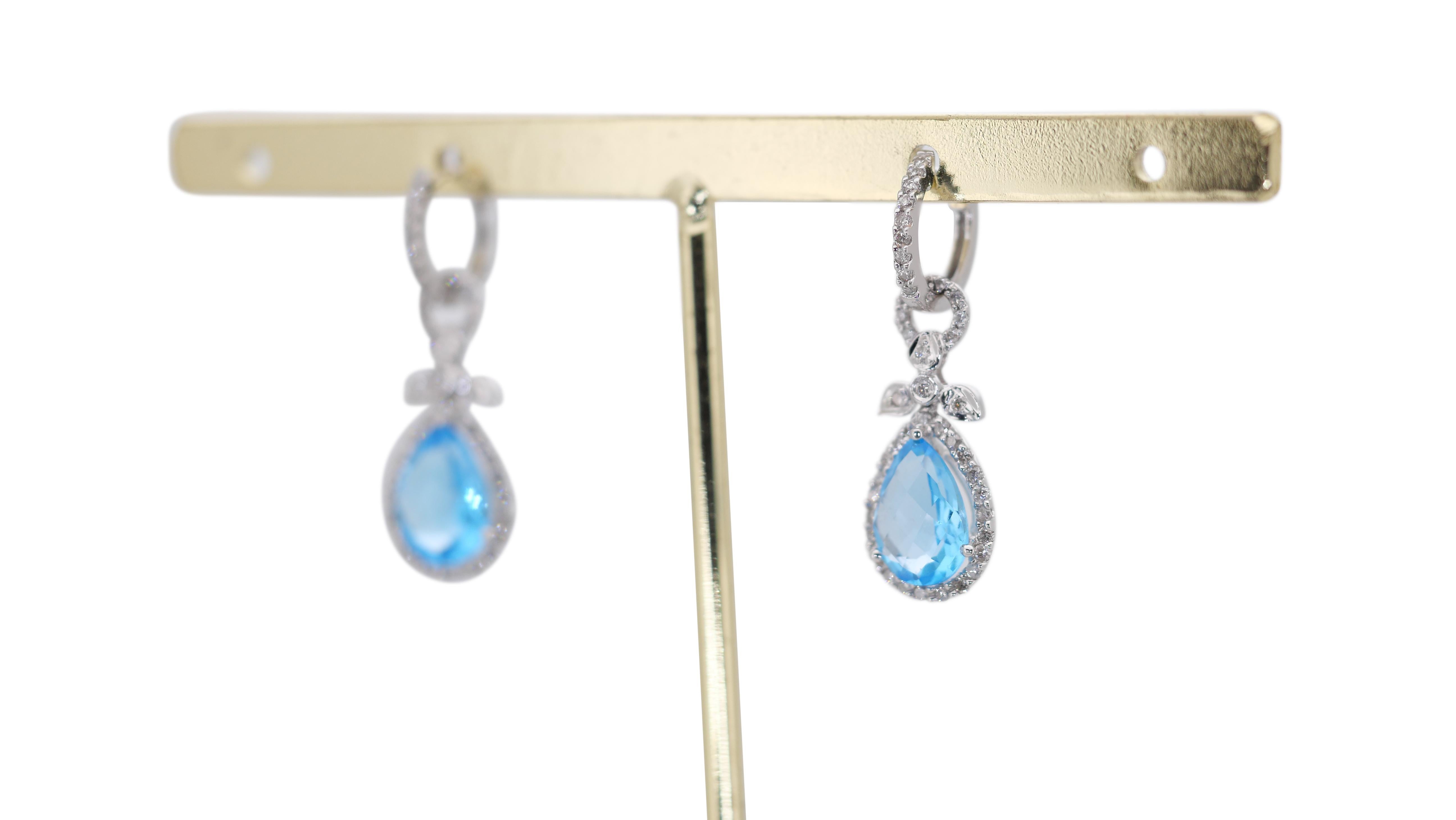 Women's Luxurious 18k White Gold Dangle Earrings with 5 Carat Natural Topaz and Diamonds