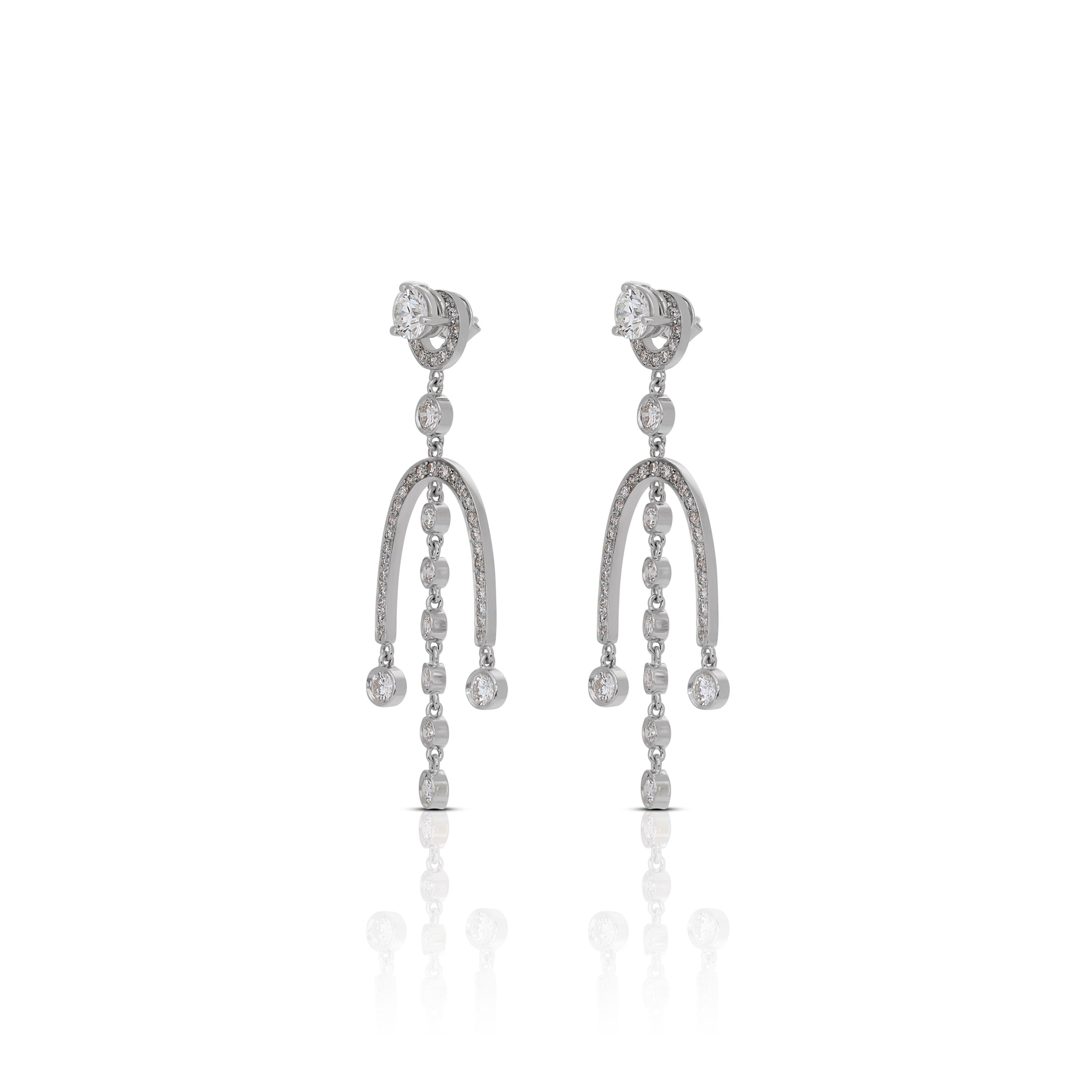 Round Cut Luxurious 18K White Gold Dangling Earrings with 0.39ct Natural Diamonds For Sale