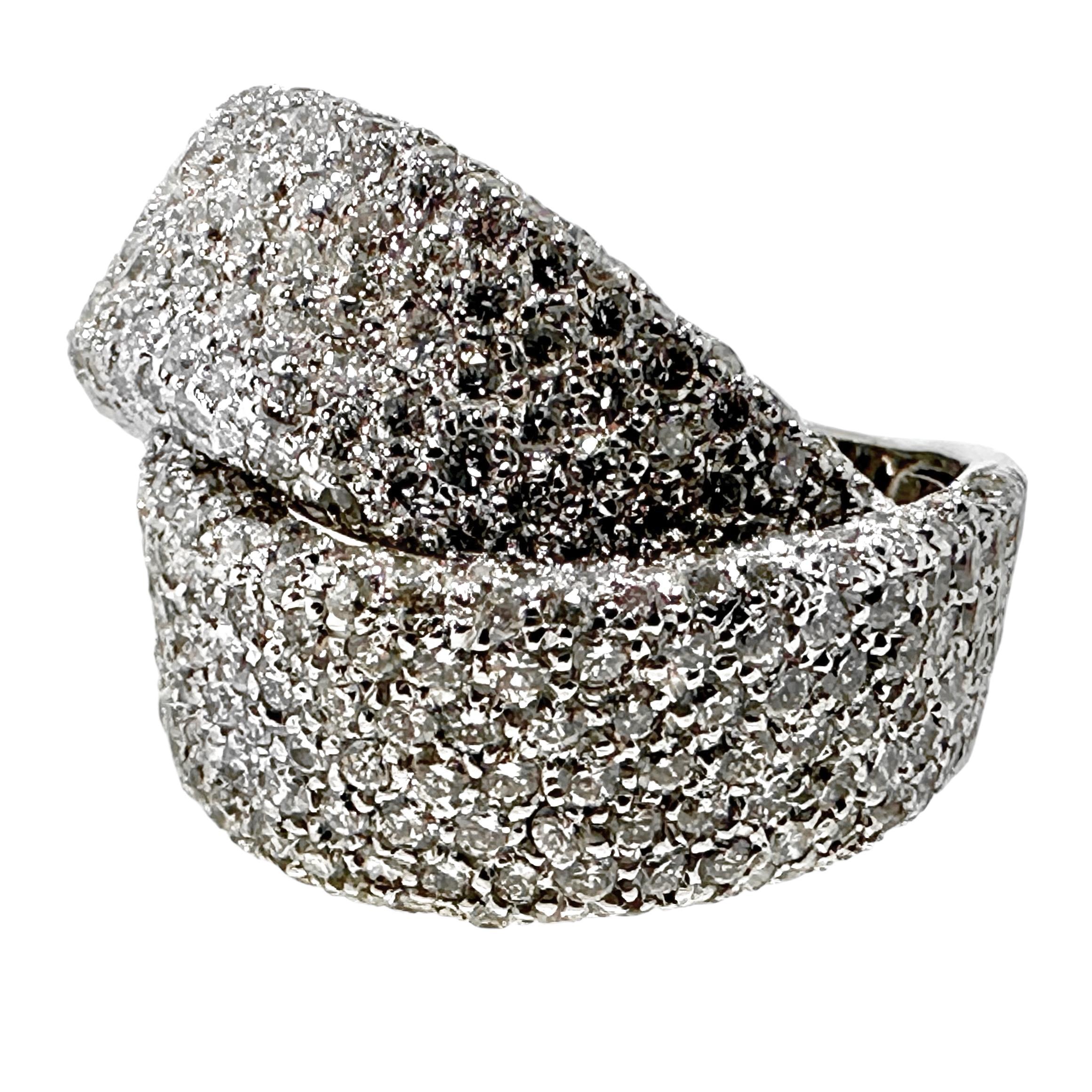 Contemporary Luxurious 18K White Gold & Diamond Encrusted Bypass Dome Ring with Italian Flair For Sale
