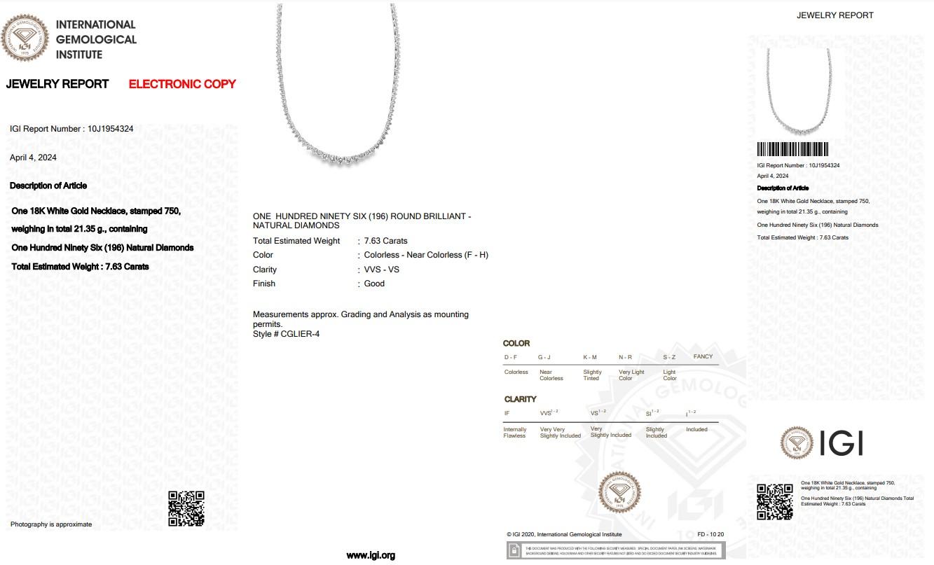 Women's Luxurious 18k White Gold Diamond Necklace w/7.63 ct - IGI Certified For Sale