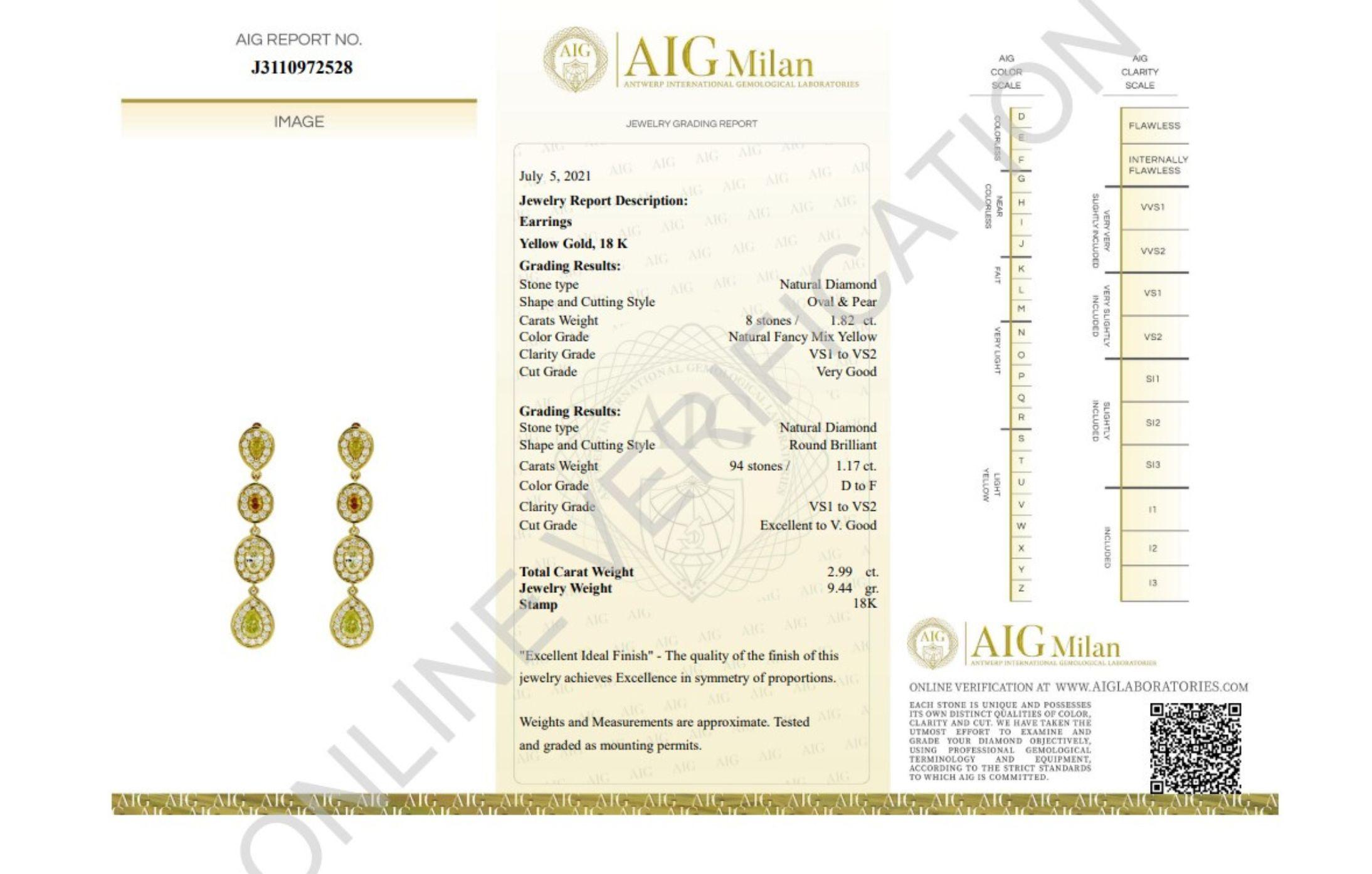 Luxurious 18k White Gold Drop Earring with 2.99 ct Natural Diamonds- AIG cert For Sale 4
